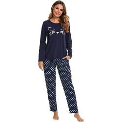 RUIRUIY Schlafanzug Damen Baumwolle Lang,Damen Schlafanzug Langarm mit Tasche,Winter Pyjama Set Cartoonmuster Zweiteiliger Sleepwear Langarm Nachtw?sche Lang Hausanzug (Dunkelblau, L) von RUIRUIY