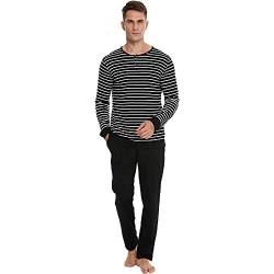 RUIRUIY Schlafanzug Herren Baumwolle,Herren Schlafanzug lang Zweiteiliger Pyjama Set mit Bündchen Warm Nachtwäsche Langarm Shirt & Schlafanzughose für Männer Winter (Schwarz, XL) von RUIRUIY