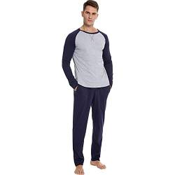 RUIRUIY Schlafanzug Herren Baumwolle,Pyjama Herren Winter Lang Zweiteiliger Schlafanzug Herren Warm Nachtwäsche Langarm Rundhals Hausanzug, Marine, S von RUIRUIY