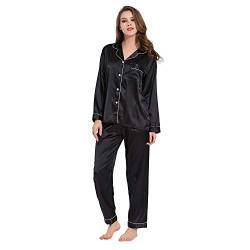 RUIRUIY Seidig Satin Schlafanzüge für Damen,Pyjama für Damen Langarm Damen Schlafanzug mit Knopfleiste Nachtwäsche PJ Set Long Pajama Pants and Pajama Tops, Two-Piece (Black, L) von RUIRUIY