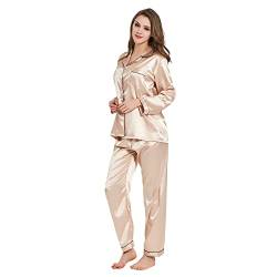 RUIRUIY Seidig Satin Schlafanzüge für Damen,Pyjama für Damen Langarm Damen Schlafanzug mit Knopfleiste Nachtwäsche PJ Set Long Pajama Pants and Pajama Tops, Two-Piece (Champagner, L) von RUIRUIY