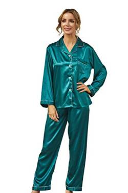 RUIRUIY Seidig Satin Schlafanzüge für Damen,Pyjama für Damen Langarm Damen Schlafanzug mit Knopfleiste Nachtwäsche PJ Set Long Pajama Pants and Pajama Tops, Two-Piece (Green, M) von RUIRUIY