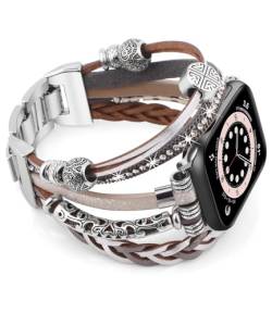 RUIXTIPAD Armband für Apple Watch 44 mm, 42 mm, 45 mm, Boho-Armband mit Lederband für iWatch-Armbänder Serie 9/8/7/6/5/4/3/2/1/SE, Silbergrau von RUIXTIPAD