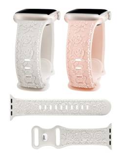 RUIXTIPAD Armband mit Blumenprägung für Damen, 40 mm, 38 mm, 41 mm, Silikon-Gravur, Uhrenarmband für iWatch Serie Ultra SE 9, 8, 7, 6, 5, 4, 3, 2, 1, Pink und Starilght, 2 Stück von RUIXTIPAD