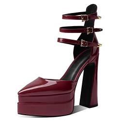 RUKOEVIM Damens Plateau Heels Chunky High Block Heels Knöchelriemchen Schnalles Pointed Toe Pumps Wedge Dress Pumps Mode Schuhe für Frauen Wine-red Size 38 von RUKOEVIM