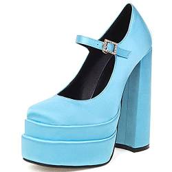 RUKOEVIM Plateau Chunky Blockabsatz Silk Satin Square Toe Hot Höhe Ferse Knöchelriemchen Schnalles Wedge Dress Pumps Blue Size 34 von RUKOEVIM