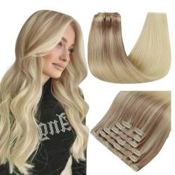 RUNATURE Echthaar Extensions Clip in Balayge Blond 40cm Clip in Extensions Echthaar Glatt 120g 7Pcs Haar Extensions Echthaar clips Gerade Farbe #18/22/60 von RUNATURE