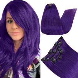 RUNATURE Lila Clip in Echthaar Extensions 50cm Purple Clip Extension Glatt 70g Lila Haarverlängerung Clip in Cerade 5Pcs 20 Zoll #Purple von RUNATURE