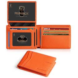RUNBOX Geldbörse für Herren, schlankes RFID-Leder, 2 Ausweisfenster, mit Geschenkbox, Palm-Orange, Minimalistisch von RUNBOX