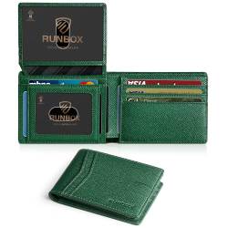 RUNBOX Geldbörse für Herren, schlankes RFID-Leder, 2 Ausweisfenster, mit Geschenkbox, Palmgrün, Minimalistisch von RUNBOX