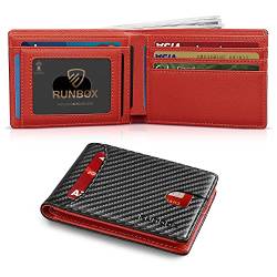 RUNBOX Geldbörse für Herren Slim 11 Kreditkartenfächer Leder RFID Blocking Klein Dünn Herren Geldbörse Bifold Minimalistische Fronttasche Große Kapazität Geschenkbox, Carbon Black Red, small, von RUNBOX