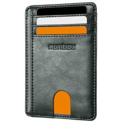 RUNBOX Slim Card Holder Wallet for Men Leather Minimalist RFID Blocking Front Pocket Women Gift Box, Grün (Oil Green), Minimalistisch von RUNBOX