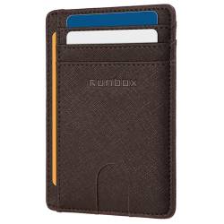 RUNBOX Slim Card Holder Wallet for Men Leather Minimalist RFID Blocking Front Pocket Women Gift Box, Kreuz Kaffee, Minimalistisch von RUNBOX