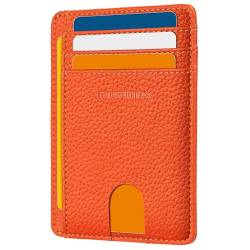 RUNBOX Slim Card Holder Wallet for Men Leather Minimalist RFID Blocking Front Pocket Women Gift Box, Litschi Orange, Minimalistisch von RUNBOX