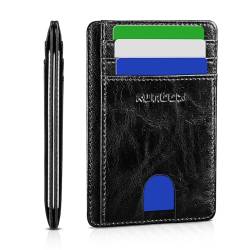 RUNBOX Slim Card Holder Wallet for Men Leather Minimalist RFID Blocking Front Pocket Women Gift Box, Ölschwarz, Minimalistisch von RUNBOX