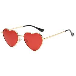 RUNHUIS Polarisiert Herzform Sonnenbrille Damen Herren Hippie Brille Vintage Liebe Sonnenbrille für Festival Party Gold Metallrahmen mit UV400 (Gold/Rot) von RUNHUIS