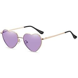 RUNHUIS Polarisiert Herzform Sonnenbrille Damen Herren Hippie Brille Vintage Liebe Sonnenbrille für Festival Party Gold Metallrahmen mit UV400 (Gold/lila) von RUNHUIS