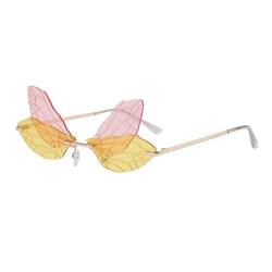 RUNHUIS Randlose Dragonfly Sonnenbrille Vintage Retro Flügel geformt Schmetterling Feenhafte Schatten Brille Fashion Party Brillen für Damen Herren (Gelb-rosa) von RUNHUIS