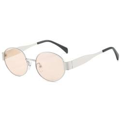 RUNHUIS Retro Ovale Sonnenbrille Damen Herren Vintage Runde Metall Brille Trendige UV400 Schutz Sonnenbrille Silber/helles Tee von RUNHUIS