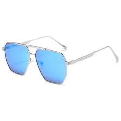 RUNHUIS Retro Polarisierte Sonnenbrille Damen Herren Übergroßes Quadrat Modefarben Brille Klassisch Großer Metallrahmen Sonnenbrille Silber Rahmen Eisblau Linse von RUNHUIS