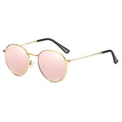 RUNHUIS Rund polarisierte Sonnenbrille Damen Herren Klassische Super Leichte Metallrahmen Gläser Mode Brillen für Fahren Angeln Gold/Rosa Mirrored von RUNHUIS