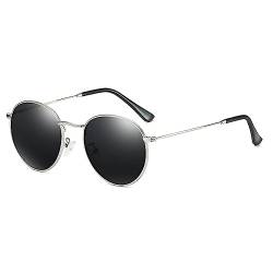 RUNHUIS Rund polarisierte Sonnenbrille Damen Herren Klassische Super Leichte Metallrahmen Gläser Mode Brillen für Fahren Angeln Silber/Grau von RUNHUIS