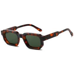 RUNHUIS Vintage Rechteckige Sonnenbrille für Damen Herren, Retro Sechseck Kleine dicke Rahmen Getönte Chunky Brille Leopard/Dunkelgrün von RUNHUIS