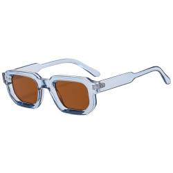 RUNHUIS Vintage Rechteckige Sonnenbrille für Damen Herren, Retro Sechseck Kleine dicke Rahmen Getönte Chunky Brille Transparentes Blau/Tee von RUNHUIS