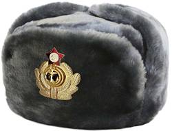 Russian Store Sturmhaube aus grauem Fell, mit russischer Marine, Original Soviet Ushanka, verschiedene Größen – Geschenkidee – Größe XXL von RUSSIANSTORE