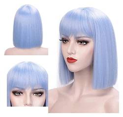 Perücke Perücken Hellblaue Perücke, Kurze, Glatte Haarperücken Für Frauen, Blaue Perücke Mit Pony, Schulterlang, Synthetisch von RUVOO