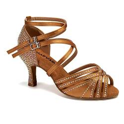 RUYBOZRY Damen Latein Tanzschuhe Salsa Ballsaal Satin Strass Tanz Sandalen Glitzer Offene Zehen Hoher Absatz Salsa Tanzschuhe,YC-D27-Wildleder Sohle-7.5,Bronze,EU 39 von RUYBOZRY