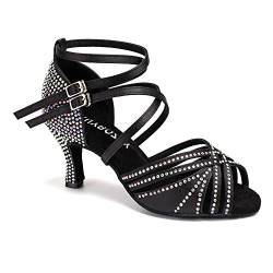 RUYBOZRY Damen Latein Tanzschuhe Salsa Ballsaal Satin Strass Tanz Sandalen Glitzer Offene Zehen Hoher Absatz Salsa Tanzschuhe,YC-D27-Wildleder Sohle-7.5,Schwarz,EU 39 von RUYBOZRY