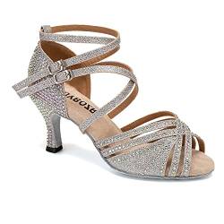 RUYBOZRY Damen Latein Tanzschuhe Salsa Ballsaal Satin Strass Tanz Sandalen Glitzer Offene Zehen Hoher Absatz Salsa Tanzschuhe,YC-D27-Wildleder Sohle-7.5,Silber,EU 36.5 von RUYBOZRY