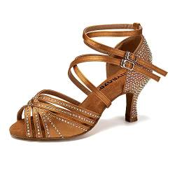 RUYBOZRY Damen Latein Tanzschuhe Satin Strass Tanz Sandalen Glitzer Offene Zehen Hoher Absatz Salsa Ballsaal Tanzschuhe,YC-D27-Wildleder Sohle-7.5,Bronze,EU 37 von RUYBOZRY