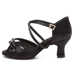 RUYBOZRY Damen Lateinische Tanzschuhe Satin mit ausgestelltem Absatz Tanzende Sandalen Latein Tanzschuhe,D28-Schwarz-5,EU40 von RUYBOZRY