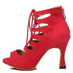 RUYBOZRY Damen Schnürschuhe Latein Schuhe Tanzstiefel Ballsaal Party Stiefeletten mit Reißverschluss,YCL456-Rot-7.5,EU36 von RUYBOZRY