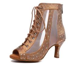 RUYBOZRY Lateinische Tanzschuhe für Mädchen Damen Offene Zehe Latein Salsa Strass Tanzstiefel,YCL551-Brown-6,EU43 von RUYBOZRY