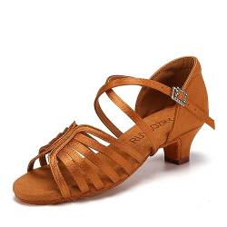 RUYBOZRY Mädchen Latein Tanzschuhe Standard Salsa Bachata Tango Ballsaal Satin Tanz Sandalen Damen EML1046,Absatz-4cm,Braun,EU 37.5 von RUYBOZRY