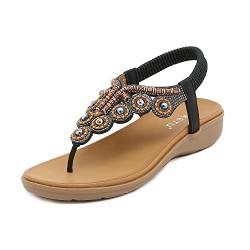 RUYI Sandalen Damen Sommer Bequem Elegant Sandalette mit Strass Perlen Bohemia Strand Schuhe Freizeit Flach Sandaletten Flip Flops von RUYI
