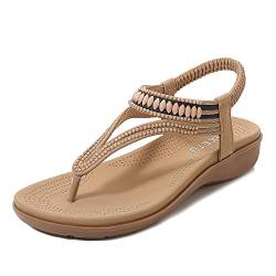 RUYI Sandalen Damen Sommer Bequem Elegant Sandalette mit Strass Perlen Bohemia Strand Schuhe Freizeit Flach Sandaletten Flip Flops von RUYI