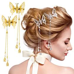 PAGOW Elegant Tassel Butterfly Hairpin - Antique Side Clip Will Move Butterfly Hairpin,Elegant Metal Tassel Long Hair Clip Women (Gold and Silver,4PCS) von RVUEM