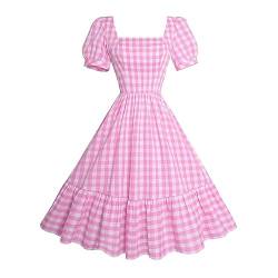 RWYBEYW Frauen 1950er Vintage Gingham Kleid Weihnachten Film Cosplay Kostüm Plaid Kleid Cocktail Party Stufened Swing Kleid, Rosa Puffärmel, Medium von RWYBEYW