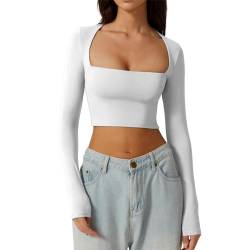 RWYBEYW Frauen Y2k Ausgehen Crop Tops Langarm Quadratischer Ausschnitt Enges Shirt Slim Fit Tees Top Streetwear, weiß, Small von RWYBEYW