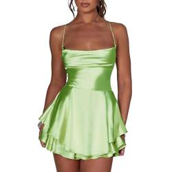 RWYBEYW Women Sexy Backless Short Romper Silk Satin Mini Dress Cowl Neck Cross Tie Ruffle Spaghetti Strap Jumpsuit Mini Dress (Light Green, M) von RWYBEYW