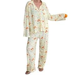 RWYBEYW Y2K Lounge-Sets für Damen, 2-teiliges Blumenmuster, Button-Down-Shirt, weites Bein, Palazzo, lange Hose, passende Pyjama-Outfit-Sets, A # Fruit Yellow Pant Set, 36 von RWYBEYW