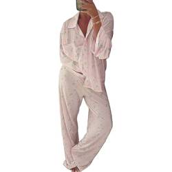 RWYBEYW Y2K Lounge-Sets für Damen, 2-teiliges Blumenmuster, Button-Down-Shirt, weites Bein, Palazzo, lange Hose, passende Pyjama-Outfit-Sets, A # Island Pink Pant Set, 42 von RWYBEYW