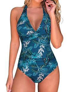 RXRXCOCO Badeanzug Damen Bauchweg Push Up Shape Bademode Neckholder Badeanzug Rückenfrei Blau Blumen XL von RXRXCOCO