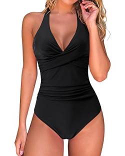 RXRXCOCO Badeanzug Damen Bauchweg Push Up Shape Bademode Neckholder Badeanzug Rückenfrei Schwarz Size M von RXRXCOCO