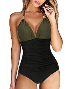 RXRXCOCO Badeanzug Damen Raffungen Bauchweg V Ausschnitt Push Up Shape Bademode Neckholder Einteilige Rückenfrei Badeanzug Armeegrün Schwarz M von RXRXCOCO