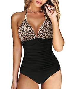 RXRXCOCO Badeanzug Damen Raffungen Bauchweg V Ausschnitt Push Up Shape Bademode Neckholder Einteilige Rückenfrei Badeanzug Leopard Schwarz M von RXRXCOCO